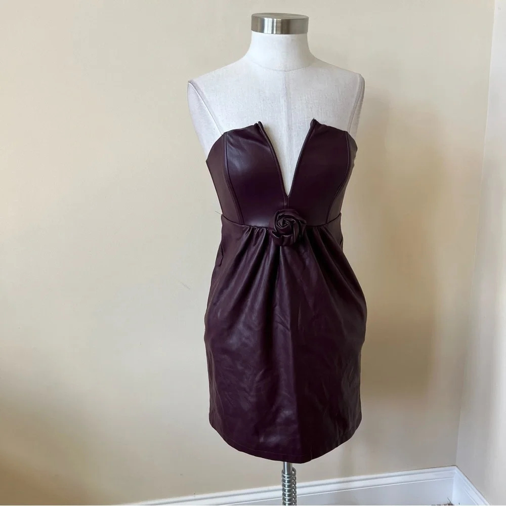 Ashley Park vegan leather notch neck rosette dress 17219